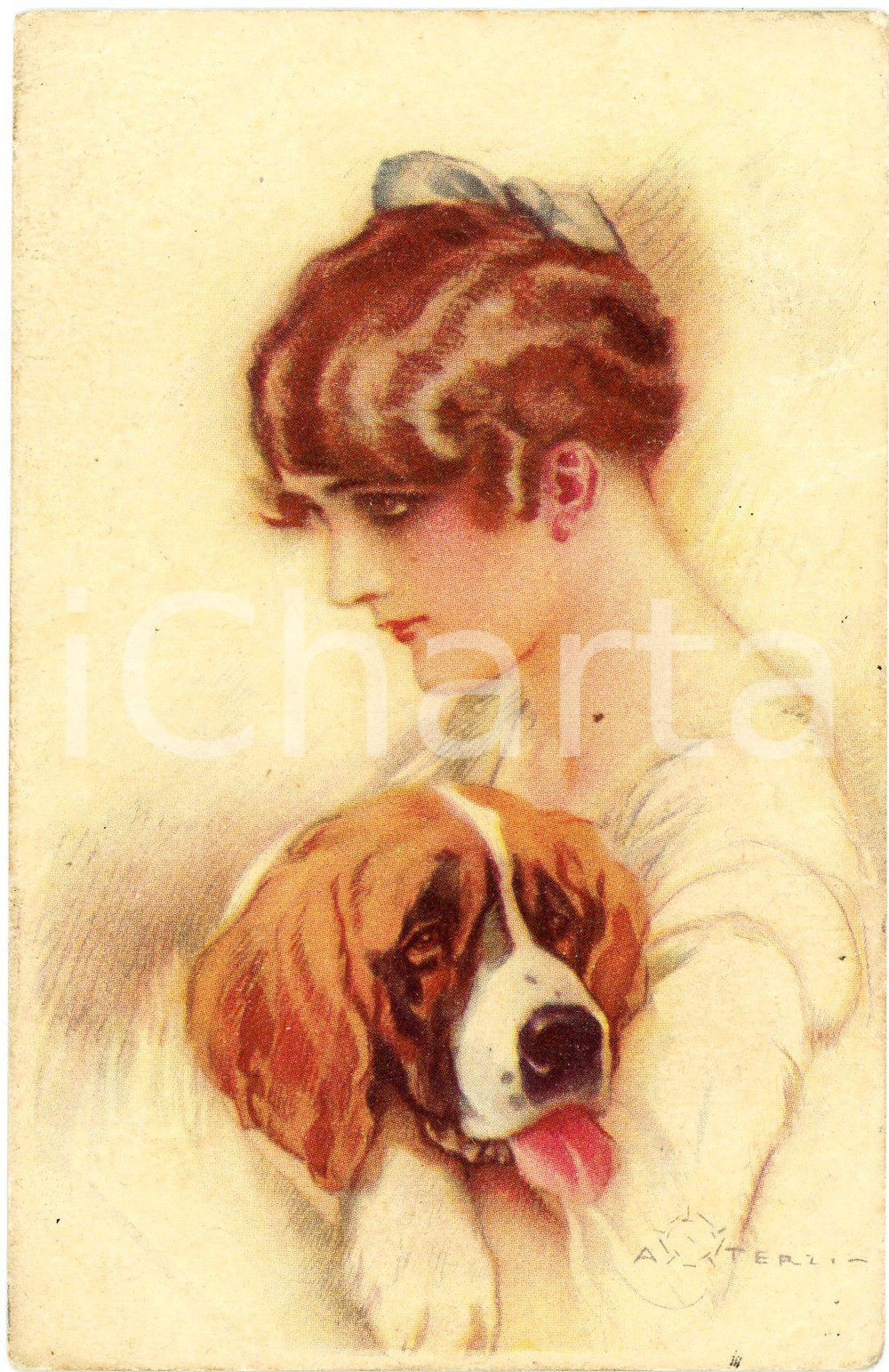 1919 Artista Aleardo TERZI - Fanciulla con il cane (1) Cartolina FP VG  Cartolina postale d'epoca, viaggiata. FAIR/discreto smussature angolari Formato: 9x14 cm originale e autentica 1