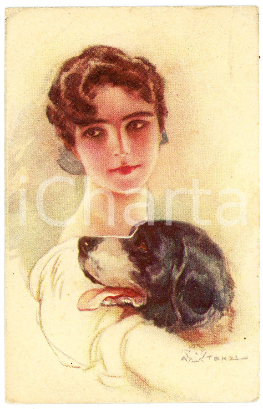 1919 Artista Aleardo TERZI - Fanciulla con il cane (2) Cartolina FP VG  Cartolina postale d'epoca, viaggiata. FAIR/discreto smussature e piegature angolari; lievi macchie Formato: 9x14 cm originale e autentica 1