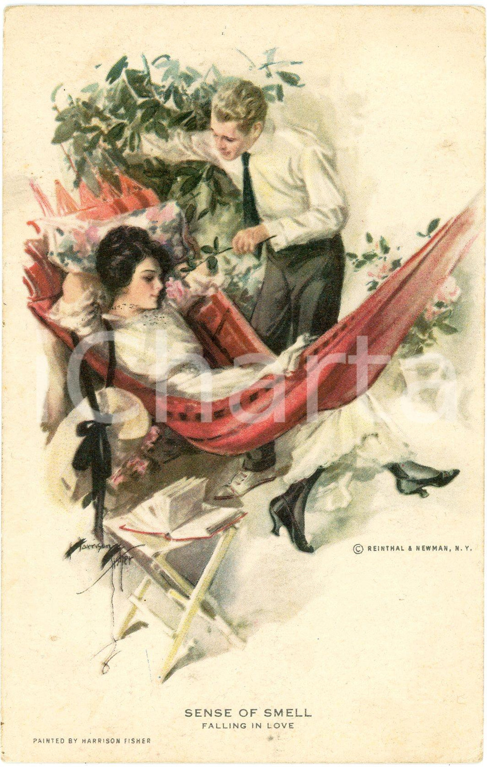 1918 Artist Harrison FISHER - LOVERS - Sens of smell - Falling in love *Postcard  Cartolina postale d'epoca, viaggiata. GOOD/buono  Formato: FP originale e autentica 1