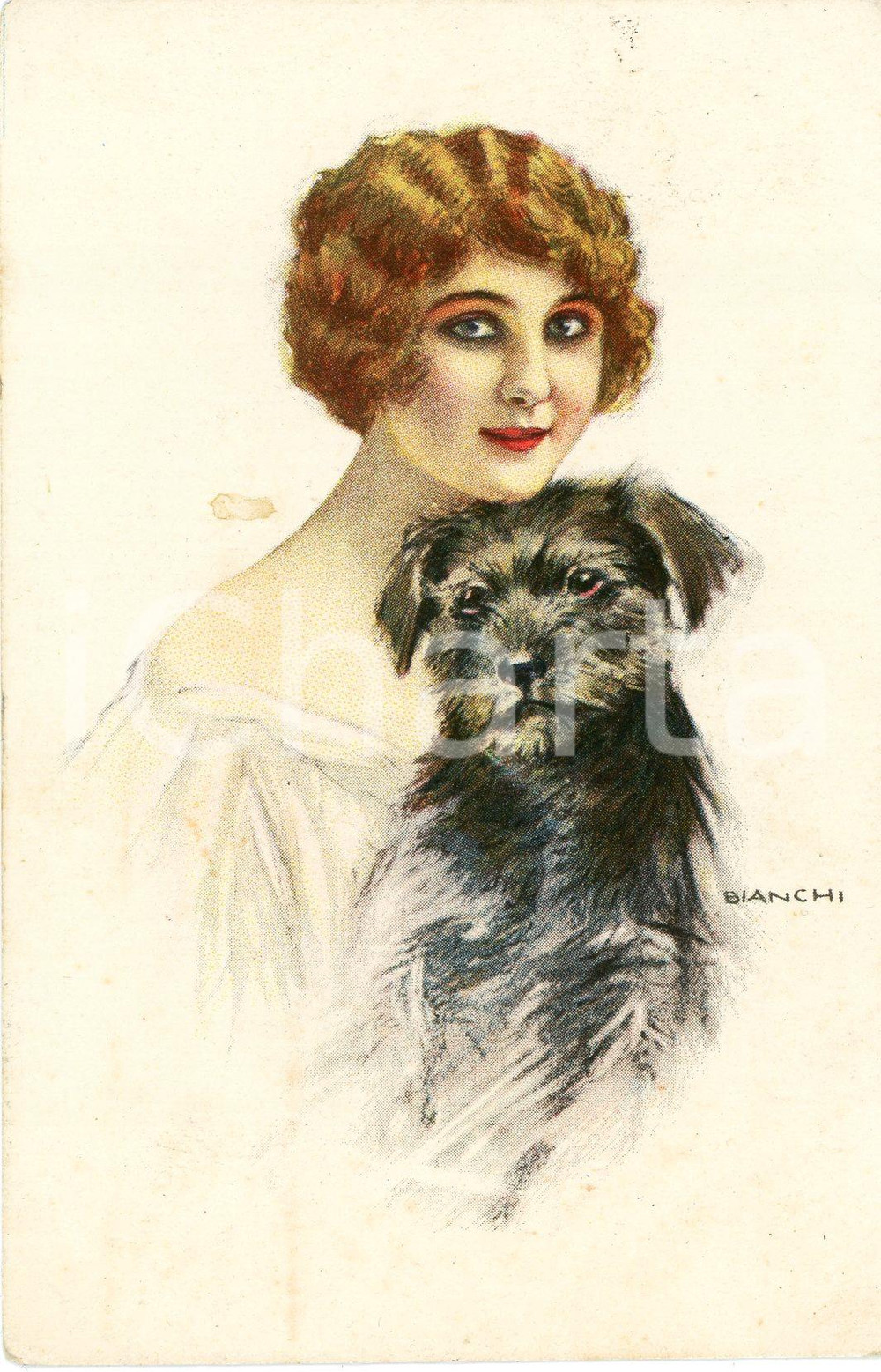 1918 Artista Alberto BIANCHI - Donna con il suo cane - Cartolina FP VG  Cartolina postale d'epoca, viaggiata. FAIR/discreto piccola macchia centrale Formato: 9x14 cm originale e autentica 1