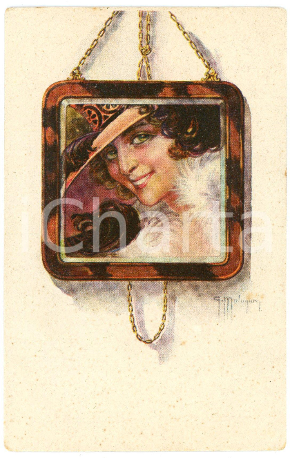 1919 Artista Giacomo MALUGANI - Donna in cornice - Cartolina GLAMOUR FP VG  Cartolina postale d'epoca, viaggiata. GOOD/buono  Formato: 9x14 cm originale e autentica 1