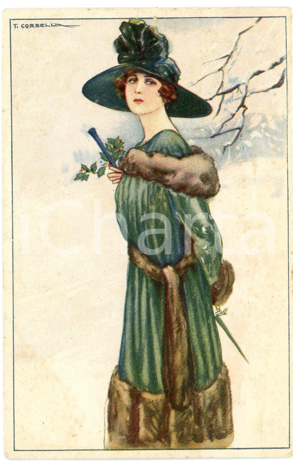 1917 ART DECO Tito CORBELLA - Donna in abito verde *Cartolina FP VG  Cartolina postale d'epoca, viaggiata. POOR/danneggiato carta lenta Formato: 9x14 cm originale e autentica 1