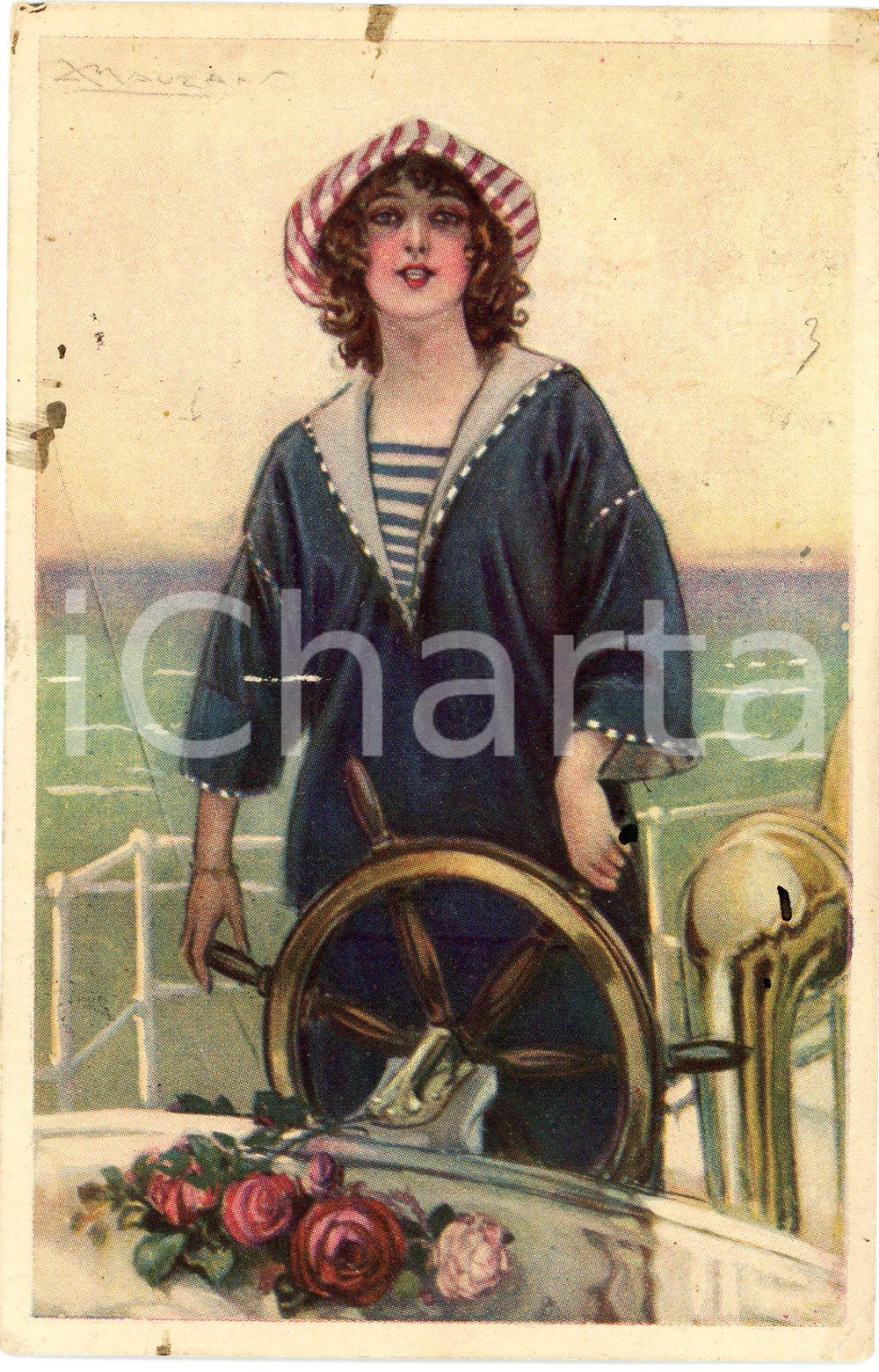 1919 Artista Achille MAUZAN Donna al timone di una barca - Cartolina ILLUSTRATA  Cartolina postale d'epoca, viaggiata. FAIR/discreto Lievi smussature  e piegature agli angoli Formato: FP originale e autentica 1