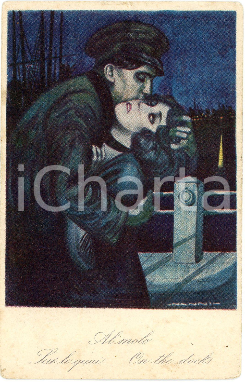 1918 Artista Giovanni NANNI - Innamorati al porto - Cartolina FP VG  Cartolina postale d'epoca,  viaggiata. FAIR/discreto smussature angolari Formato: 9x14 cm originale e autentica 1