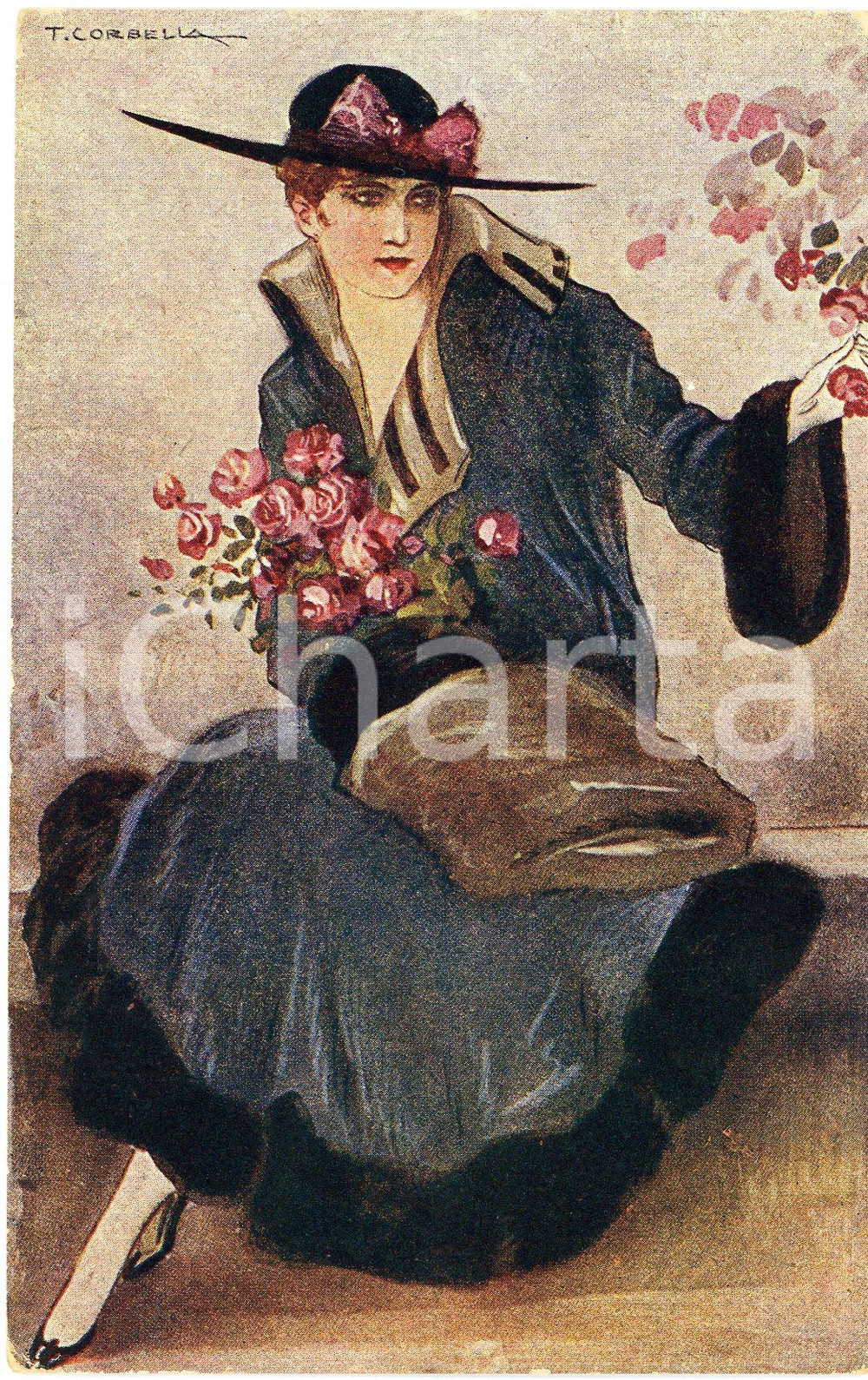 1918 ART DECO Tito CORBELLA - Donna con fiori rosa - Cartolina FP VG  Cartolina postale d'epoca, viaggiata. GOOD/buono  Formato: 9x14 cm originale e autentica 1