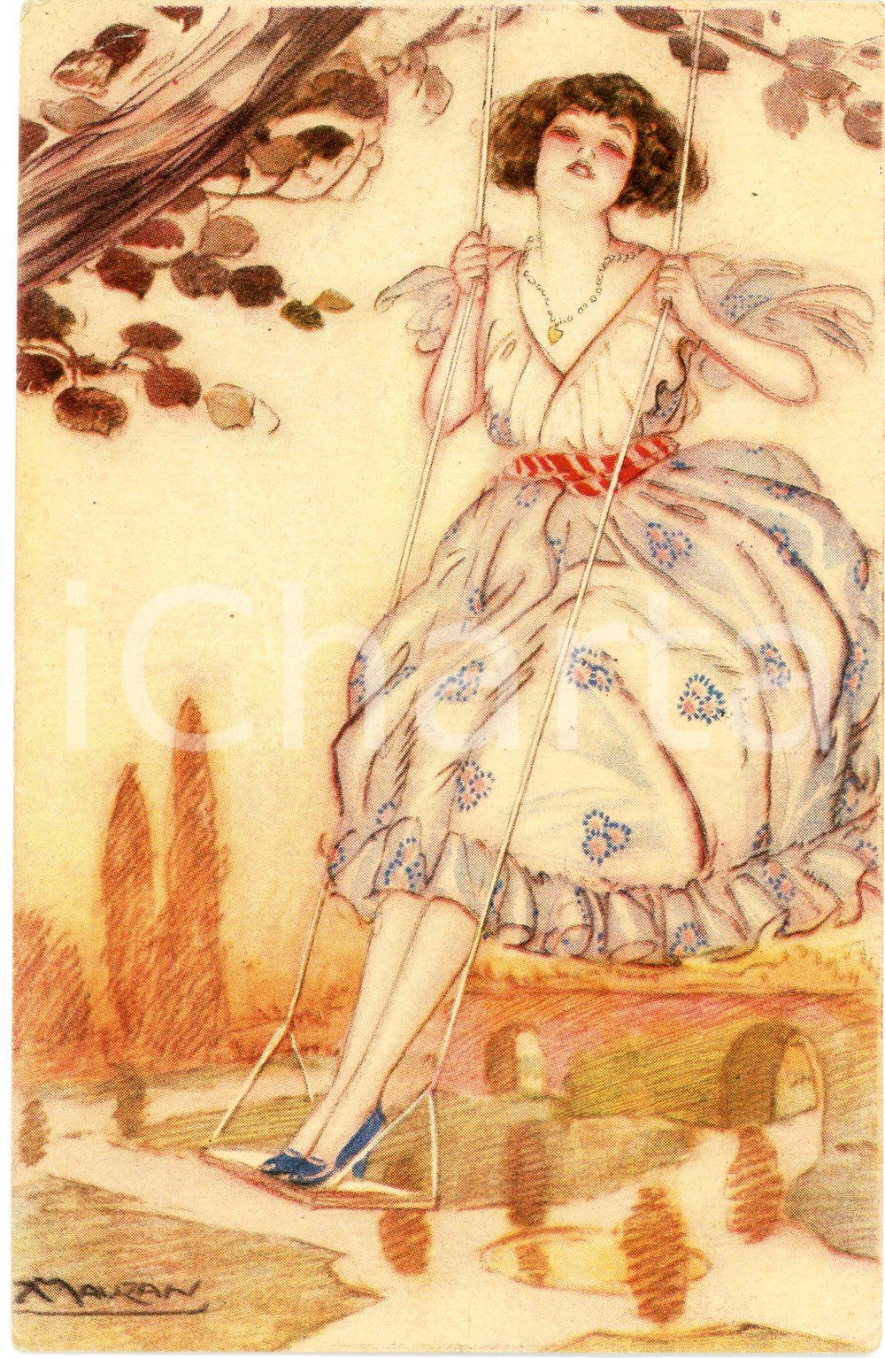 1918 Achille Luciano MAUZAN - Donna in altalena *Cartolina postale FP VG  Cartolina postale d'epoca, viaggiata. FAIR/discreto piegatura angolare Formato: 9x14 cm originale e autentica 1