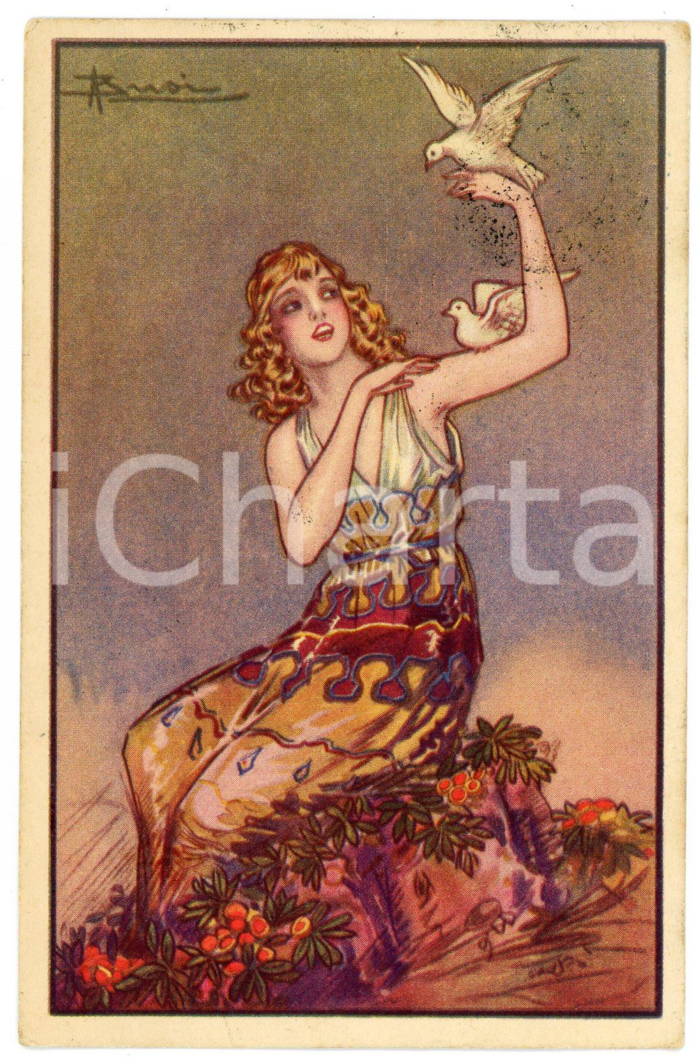 1923 ART DECO Artista Adolfo BUSI Ragazza con colombe - Cartolina FP VG  Cartolina postale d'epoca, viaggiata. FAIR/discreto Lievi smussature agli angoli Formato: FP originale e autentica 1