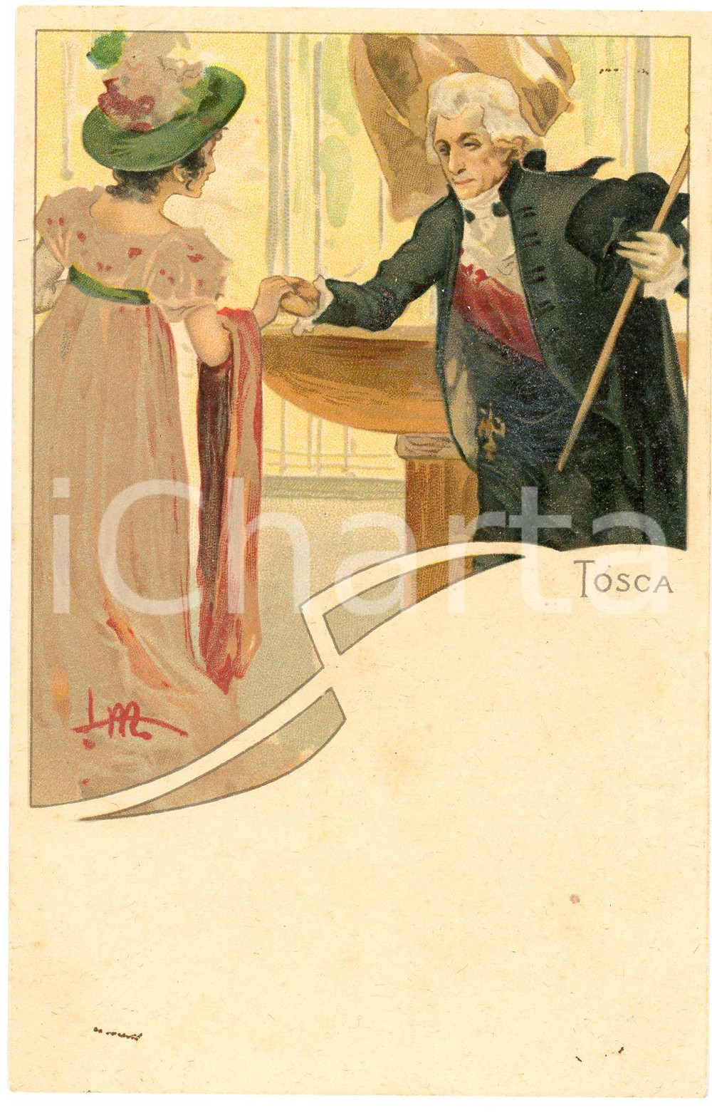 1900 ca TOSCA di Giacomo PUCCINI - Cartolina Illustrata FP NV (1)  Cartolina postale d'epoca, non viaggiata. VERY POOR/gravemente danneggiato Lievi smussature agli angoli, carta lenta, distacco parziale degli strati di carta Formato: FP originale e autentica 1