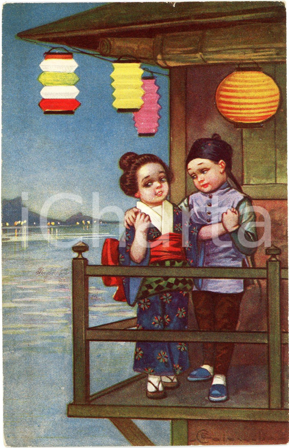 1925 LOVERS - JAPAN Children in love ILLUSTRATED Postcard FP VG  Cartolina postale d'epoca, viaggiata. FAIR/discreto Lievi smussature agli angoli, Affrancatura parzialmente rimossa. Formato: FP originale e autentica 1