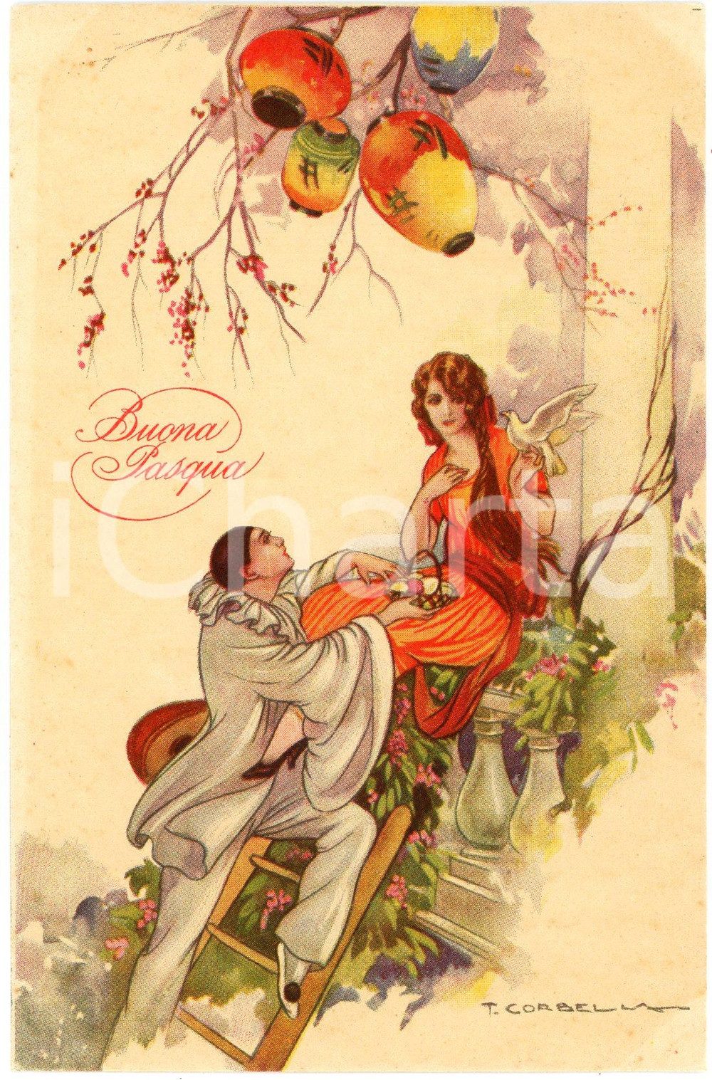 1920 ca Artista Tito CORBELLA - Buona Pasqua - Pierrot (2) Cartolina FP NV  Cartolina postale d'epoca, non viaggiata. GOOD/buono  Formato: 9x14 cm originale e autentica 1