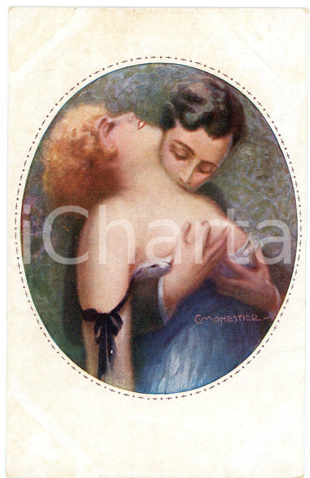 1920 ca EROTICA Artista C. MONESTIER Bacio sul collo - Cartolina ILLUSTRATA FP  Cartolina postale d'epoca,  non viaggiata. POOR/danneggiato Lievi smussature agli angoli Formato: FP originale e autentica 1