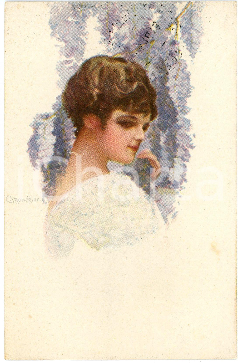 1918 Artista C. MONESTIER Ritratto femminile con glicine - Cartolina FP VG  Cartolina postale d'epoca, viaggiata. POOR/danneggiato Lievi smussature agli angoli Formato: FP originale e autentica 1
