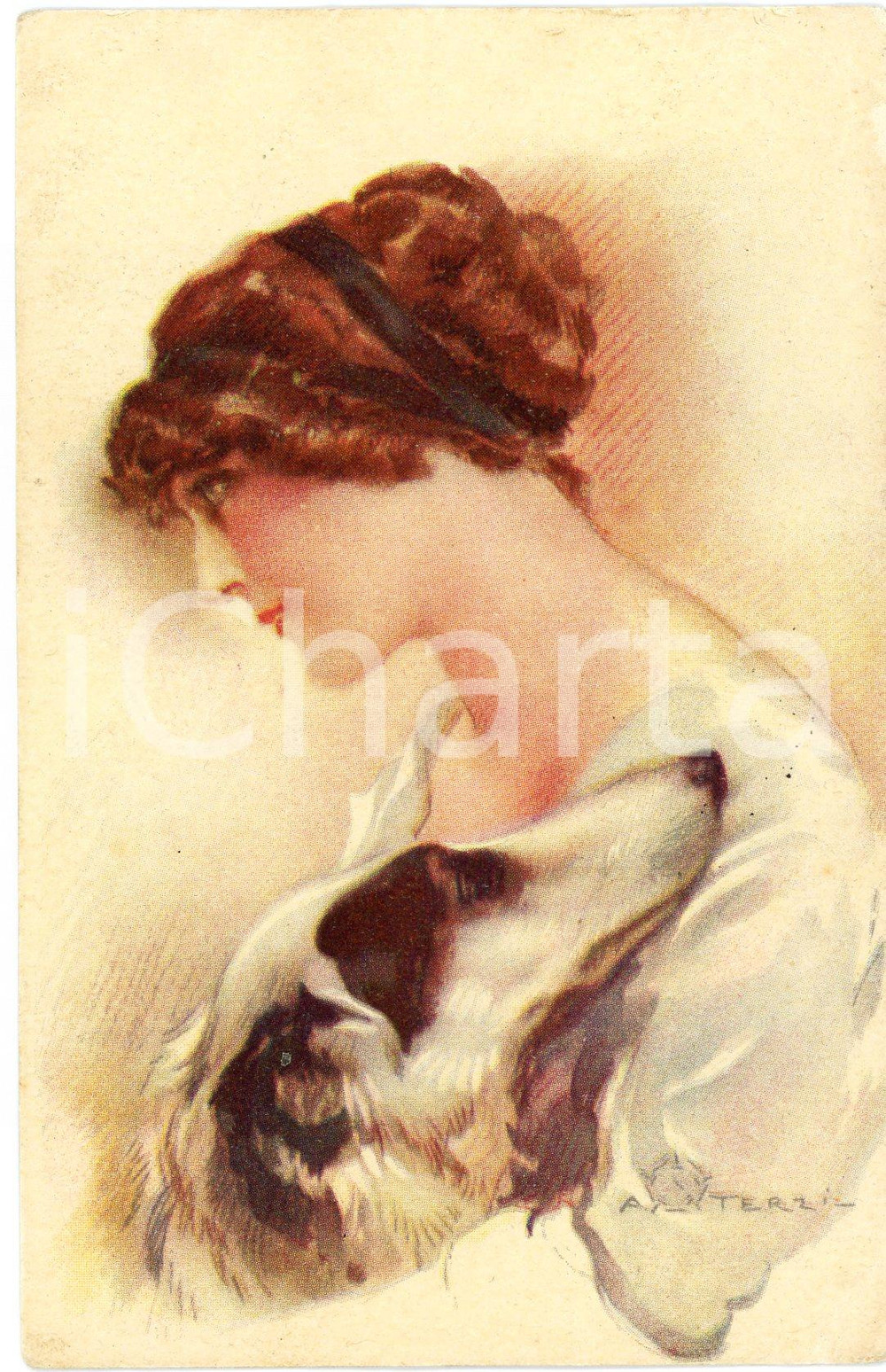 1919 Artista A. TERZI Ritratto femminile con cane - Cartolina FP VG  Cartolina postale d'epoca, viaggiata. FAIR/discreto Lievi smussature agli angoli Formato: FP originale e autentica 1