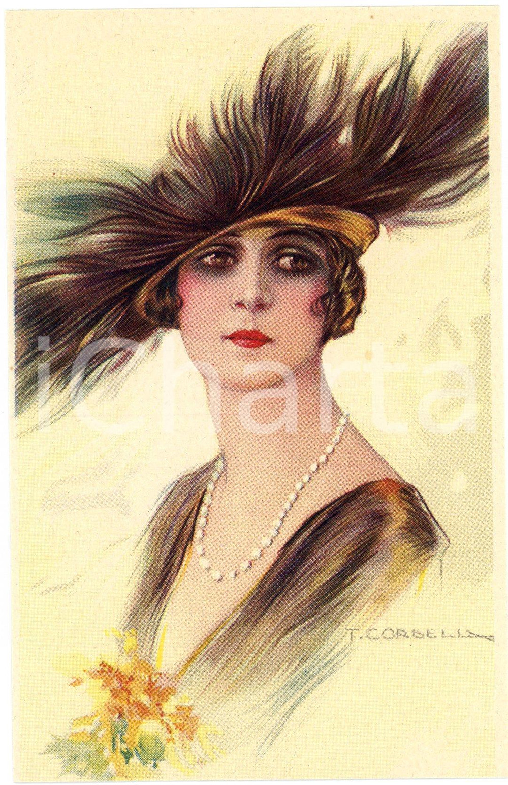 1918 ART DECO Tito CORBELLA Donna con cappellino di piume (6) Cartolina GLAMOUR  Cartolina postale d'epoca, non viaggiata. GOOD/buono  Formato: 9x14 cm originale e autentica 1