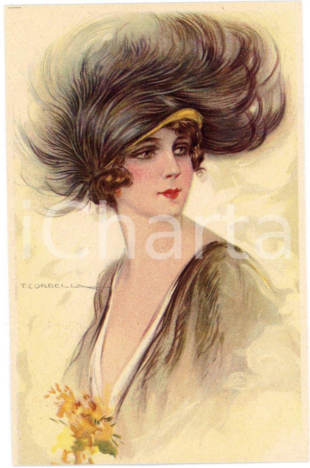 1918 ART DECO Tito CORBELLA Donna con cappellino di piume (2) Cartolina GLAMOUR  Cartolina postale d'epoca, non viaggiata. GOOD/buono  Formato: 9x14 cm originale e autentica 1