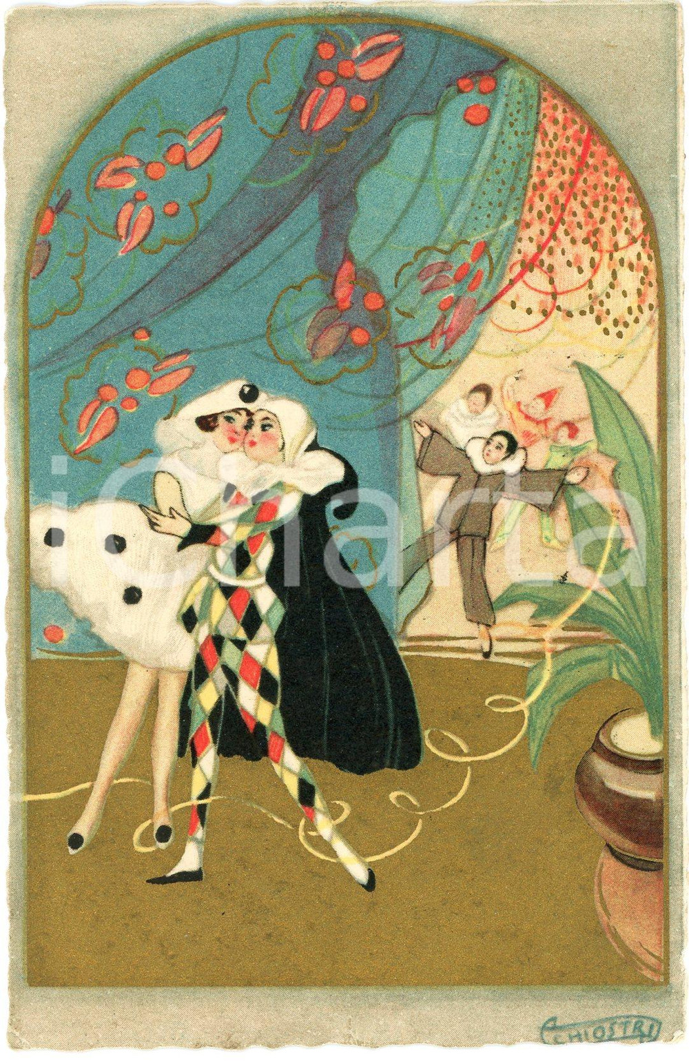 1929 INNAMORATI - CARNEVALE - Maschere  - Arlecchino *Cartolina ill. CHIOSTRI  Cartolina postale d'epoca, viaggiata. GOOD/buono  Formato: 9x14 cm originale e autentica 1