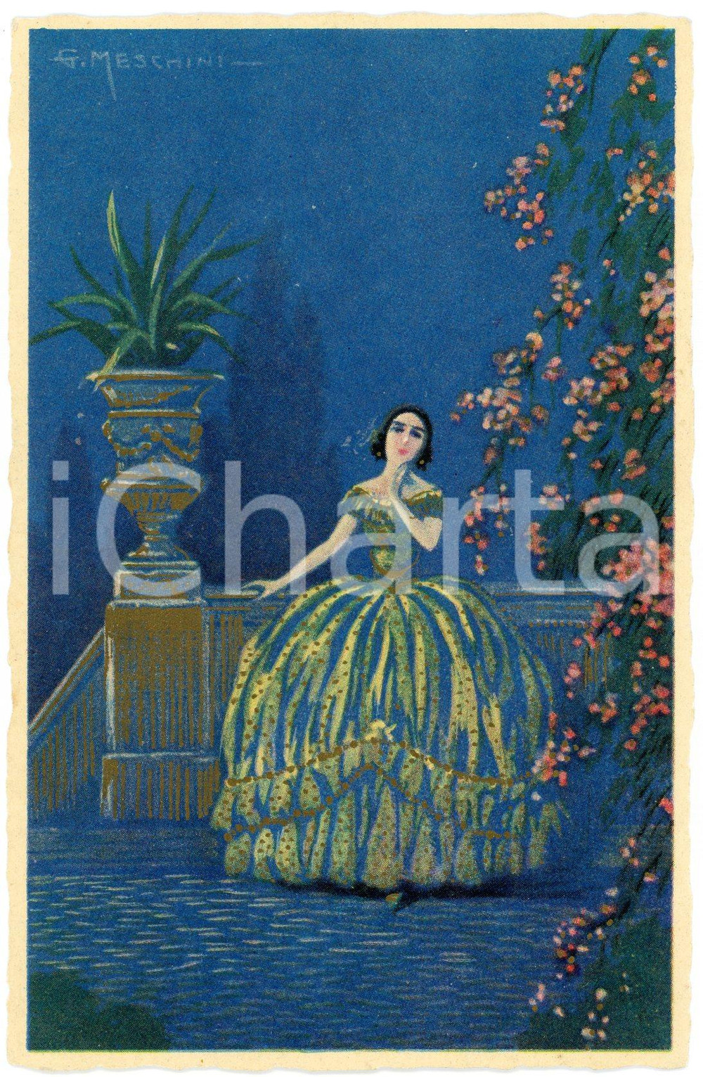 1927 Artista Giovanni MESCHINI - Donna alla scalinata - Cartolina  Cartolina postale d'epoca, viaggiata. GOOD/buono  Formato: 9x14 cm originale e autentica 1