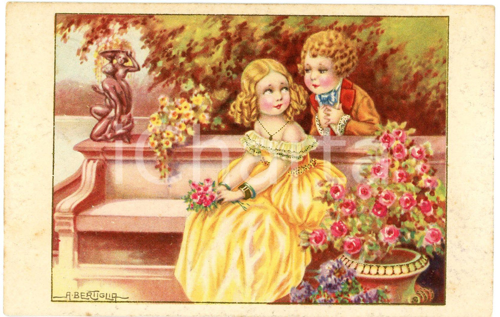 1930 Aurelio BERTIGLIA - BAMBINI - Innamorati in giardino - Cartolina FP VG  Cartolina postale d'epoca, viaggiata. GOOD/buono  Formato: 14x9 cm originale e autentica 1