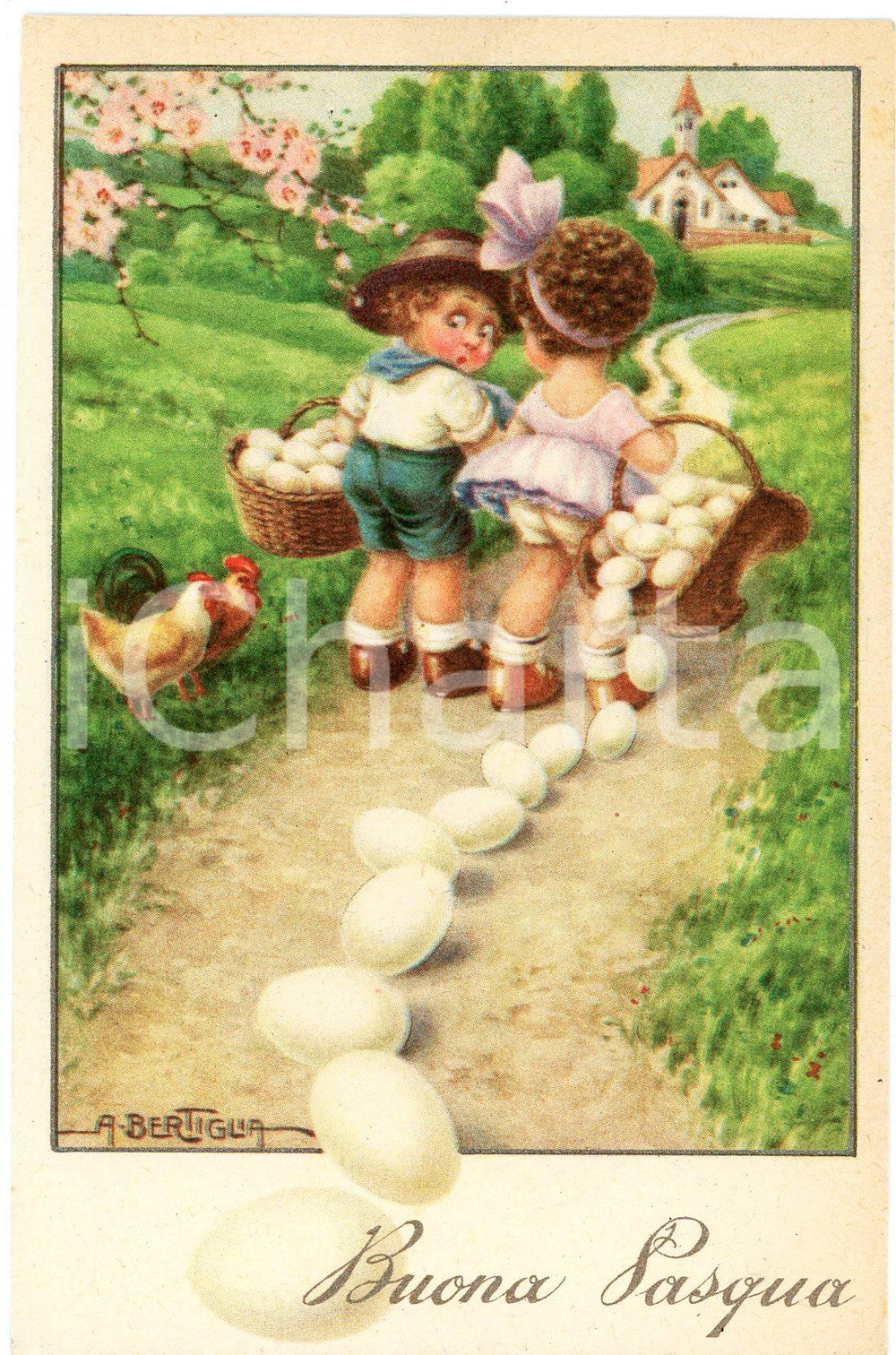 1941 Artista Aurelio BERTIGLIA - Buona Pasqua - Bambini e uova - Cartolina  Cartolina postale d'epoca, viaggiata. GOOD/buono  Formato: 9x14 cm originale e autentica 1