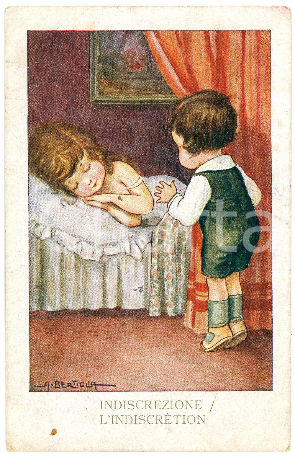1920 INNAMORATI Artista Aurelio BERTIGLIA - L'indiscrezione *Cartolina FP VG  Cartolina postale d'epoca, viaggiata. FAIR/discreto lievi smussature angolari; francobollo asportato al verso Formato: 9x14 cm originale e autentica 1