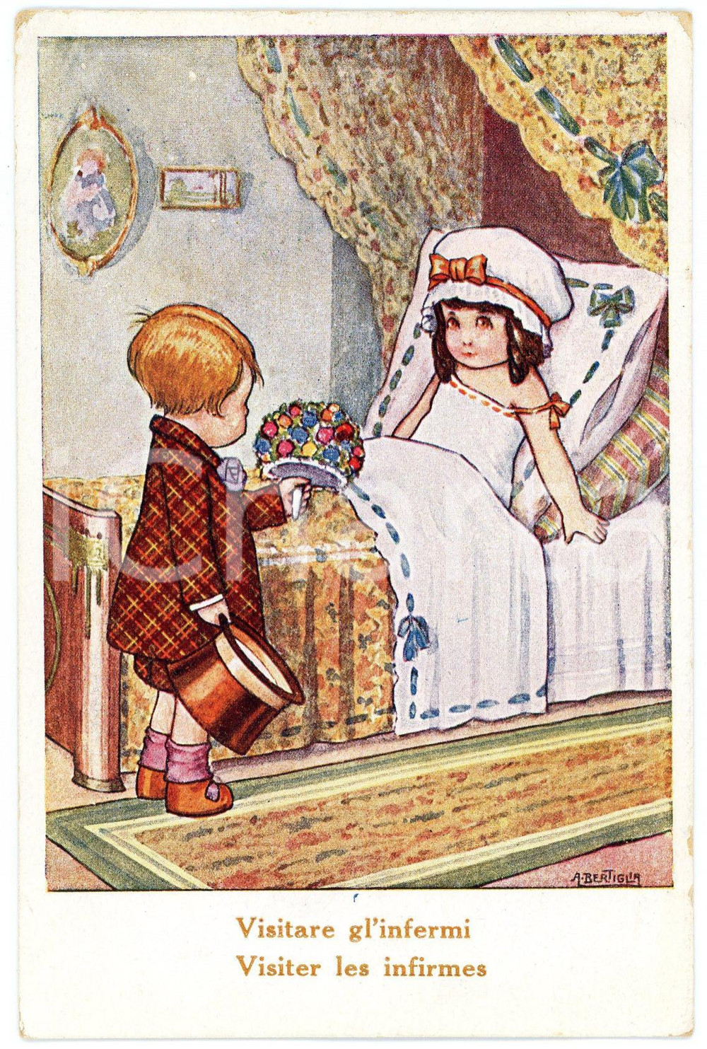 1918 Aurelio BERTIGLIA - INNAMORATI - Visitare gli infermi - Cartolina FP VG  Cartolina postale d'epoca, viaggiata. GOOD/buono  Formato: 9x14 cm originale e autentica 1