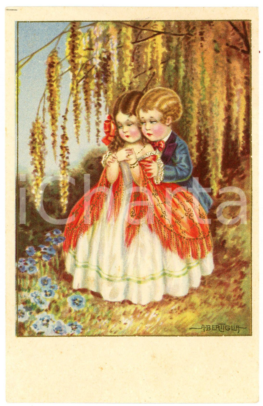 1920 ca Aurelio BERTIGLIA - INNAMORATI - Sotto il salice - Cartolina FP VG  Cartolina postale d'epoca, non viaggiata. GOOD/buono  Formato: 9x14 cm originale e autentica 1