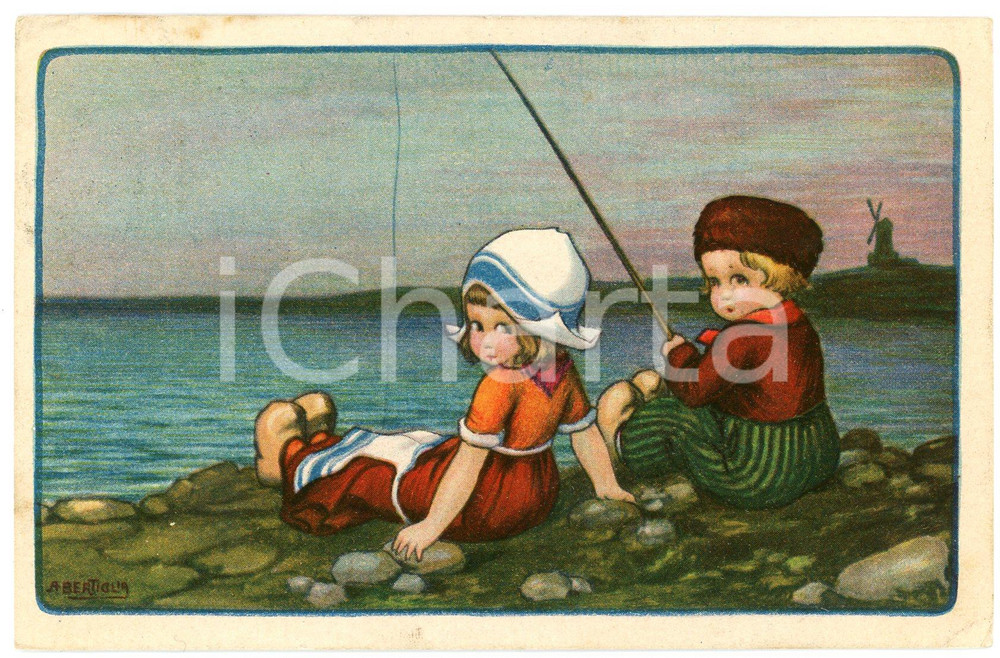 1916 Aurelio BERTIGLIA - OLANDA - Bambini a pesca - Cartolina FP VG  Cartolina postale d'epoca, viaggiata. GOOD/buono lievi smussature angolari Formato: 14x9 cm originale e autentica 1