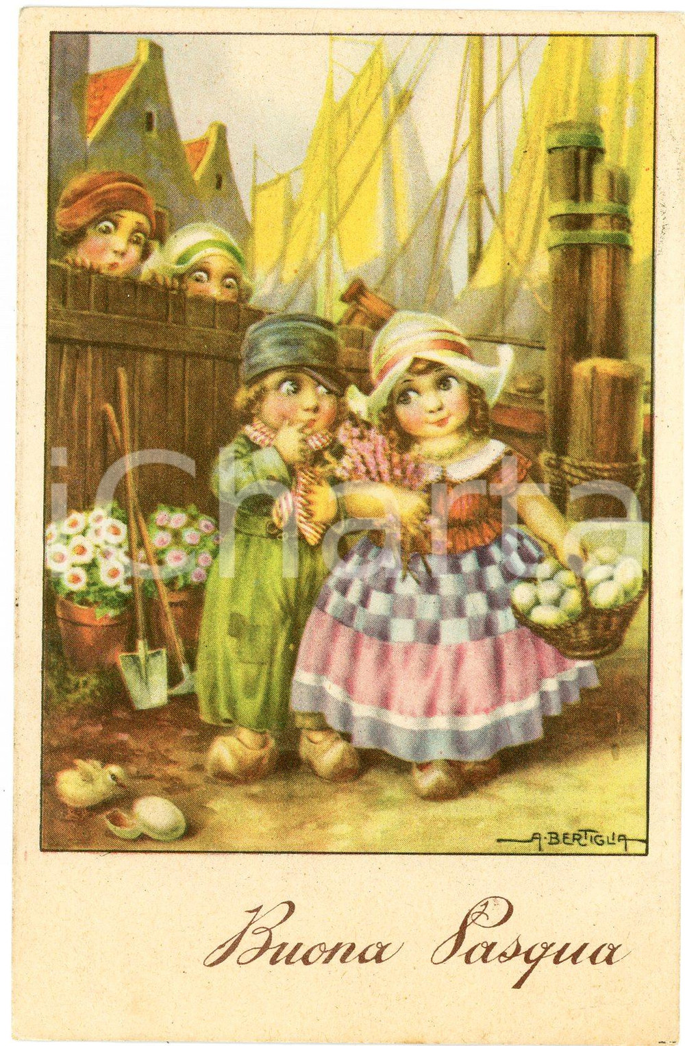 1941 Artista Aurelio BERTIGLIA - Buona Pasqua - Bambini - Cartolina FP VG  Cartolina postale d'epoca, viaggiata. VERY POOR/gravemente danneggiato danni da umidità al verso; francobolli parzialmente distaccati Formato: 9x14 cm originale e autentica 1