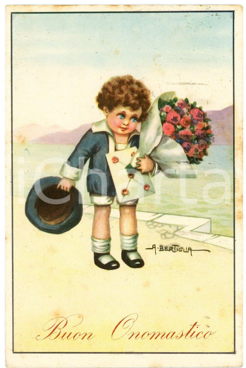 1940 Aurelio BERTIGLIA - Buon Onomastico - Bambino con mazzo di fiori *Cartolina  Cartolina postale d'epoca, viaggiata. FAIR/discreto lievi ingialimenti Formato: 9x14 cm originale e autentica 1