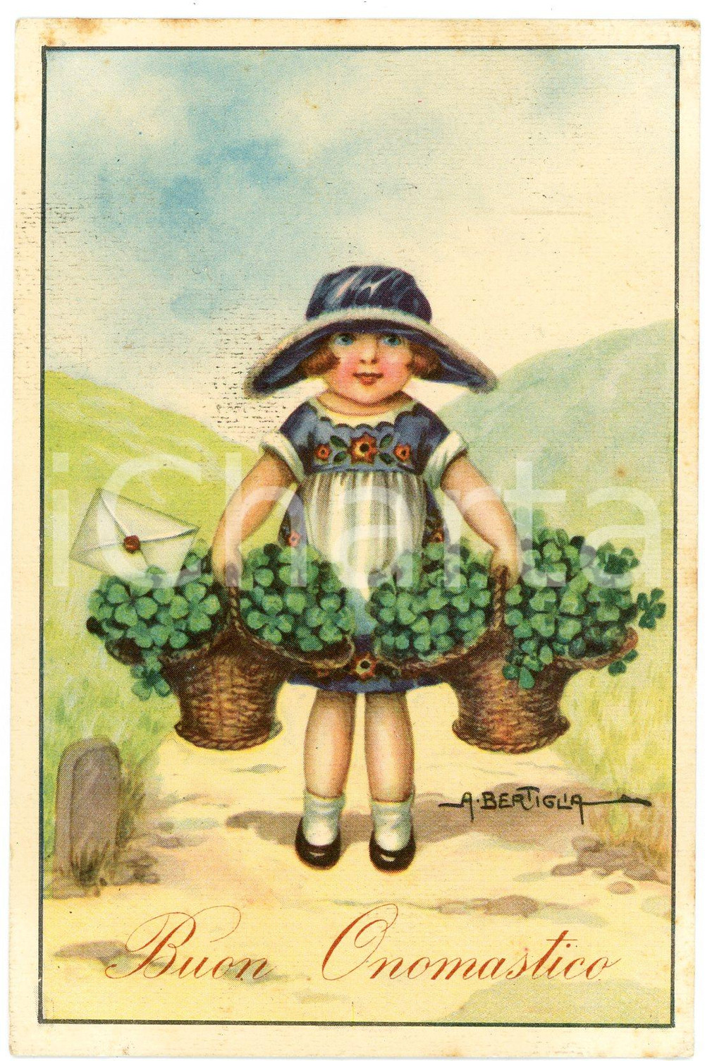 1940 Aurelio BERTIGLIA - Buon Onomastico - Bambina con quadrifogli - Cartolina  Cartolina postale d'epoca, viaggiata. GOOD/buono  Formato: 9x14 cm originale e autentica 1