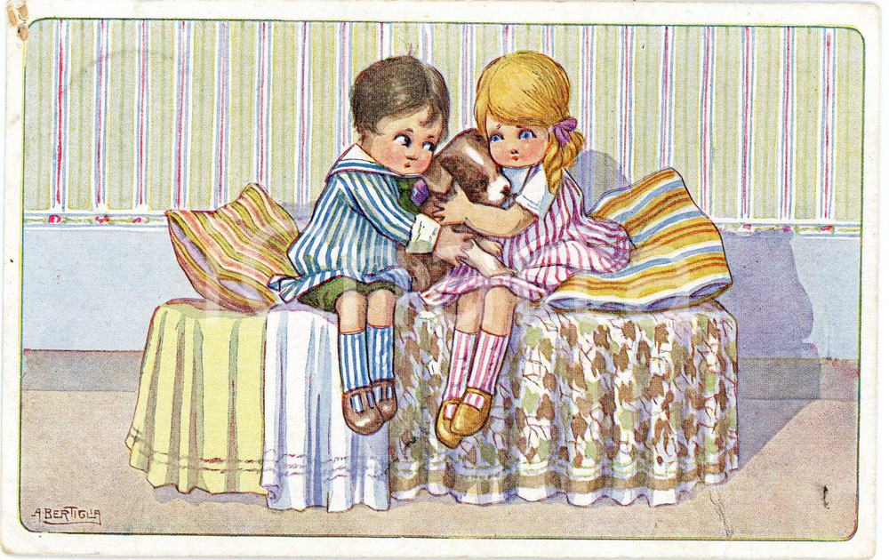 1916 Aurelio BERTIGLIA - OLANDA - Bambini - Contadini - Cartolina FP VG  Cartolina postale d'epoca, viaggiata. FAIR/discreto smussature angolari e piccole abrasioni angolari Formato: 14x9 cm originale e autentica 1