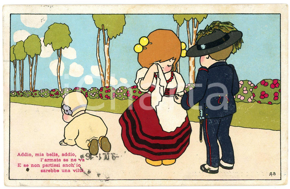 1915 WW1 Aurelio BERTIGLIA "Addio, mia bella" Partenza per la guerra *Cartolina  Cartolina postale d'epoca, viaggiata. GOOD/buono ma francobollo asportato Formato: 14x9 cm originale e autentica 1
