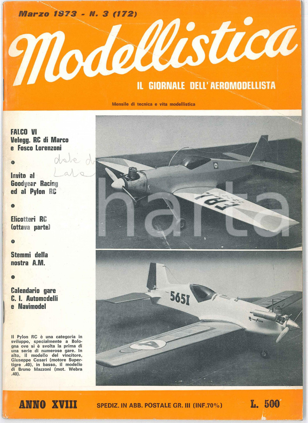 1973 MODELLISTICA - Pylon Racer - Stemmi Aeronautica Militare Italiana *Rivista Rivista mensile, illustrata b/n.Marzo 1973 - n&deg; 3 (172) CONDIZIONI: P (piccole piegature angolari in copertina ed evidente piegatura al lato superiore, lievi tracce di umidit&agrave; al lato sinistro; macchia d'umidit&agrave; al lato sinistro della quarta di copertina che interessa parzialmente il fascicolo)    originale e autentica 1