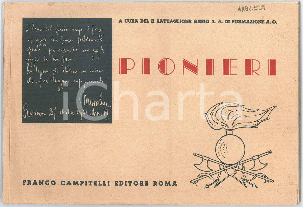 1937 Battaglione GENIO Z.A. di formazione A.O. - Pionieri - Album Album originale d'epoca in brossura editoriale, con copertina flessibile, illustrato b/n.CONDIZIONI: G (buone condizioni interne, qualche fioritura in copertina)EDITORE: Roma- Franco Campitelli EditoreFORMATO: 31x21 cmPAGINE: 95+tavola ripiegata    originale e autentica 1