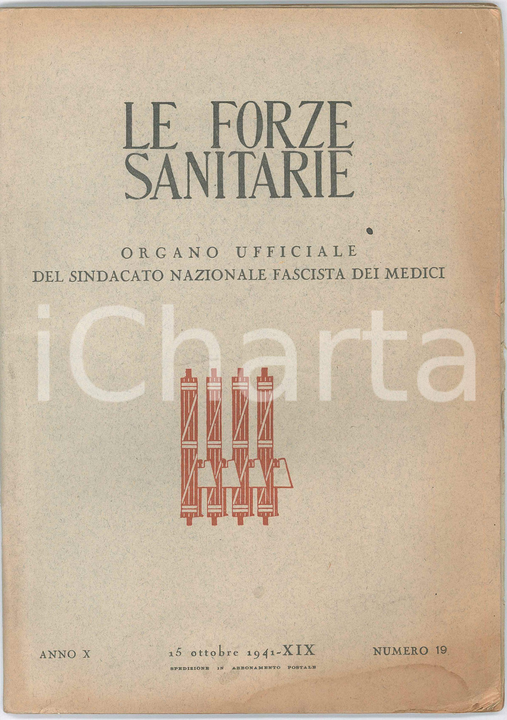 1941 LE FORZE SANITARIE - Cure nella poliomielite - Angina pectoris *Rivista Rivista ufficiale del Sindacato Nazionale Fascista dei Medici.Anno X - n&deg; 19PAGINE: 84 POOR/danneggiato buone condizioni interne, ma piegature angolari che interessano tutto il fascicolo e macchie in copertina  originale e autentica 1