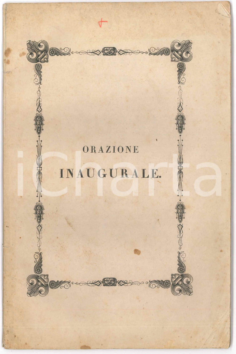1843 MONDOVI' Andrea IGHINA - Orazione inaugurale degli studi di S. Scrittura Pubblicazione d'epoca, con copertina in carta.Titolo completo: "Orazione inaugurale degli studi di S. Scrittura, di diritto canonico, di liturgia, di eloquenza sacra e di storia ecclesiastica, fondati nel seminario vescovile di Mondov&igrave; al principio del 1843 / detta dal teologo Andrea Ighina".CONDIZIONI: P (buone condizioni interne, ma legatura lenta e qualche macchia in copertina, con minimi strappi al dorso)EDITORE: Mondov&igrave; - Pietro Rossi tipografoPAGINE: 39FORMATO: 16x24 cm    originale e autentica 1