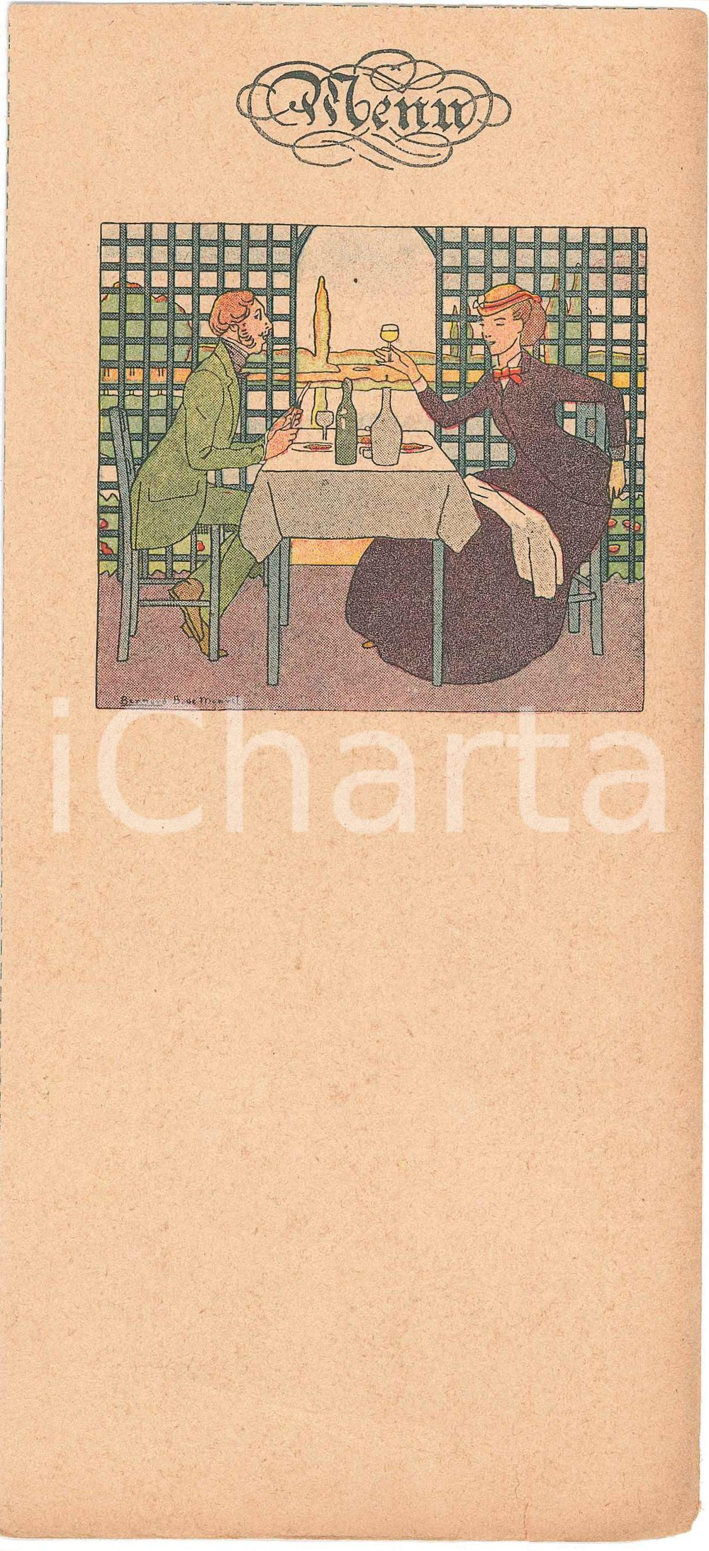 1910 ca FRANCE Artiste Bernard BOUTET DE MONVEL - Menu ILLUSTRE' Couple à table  Men&ugrave; originale d'epoca, illustrato, non compliato. POOR/danneggiato piegature al lato inferiore e minimo strappo Formato: 11x23 cm originale e autentica 1