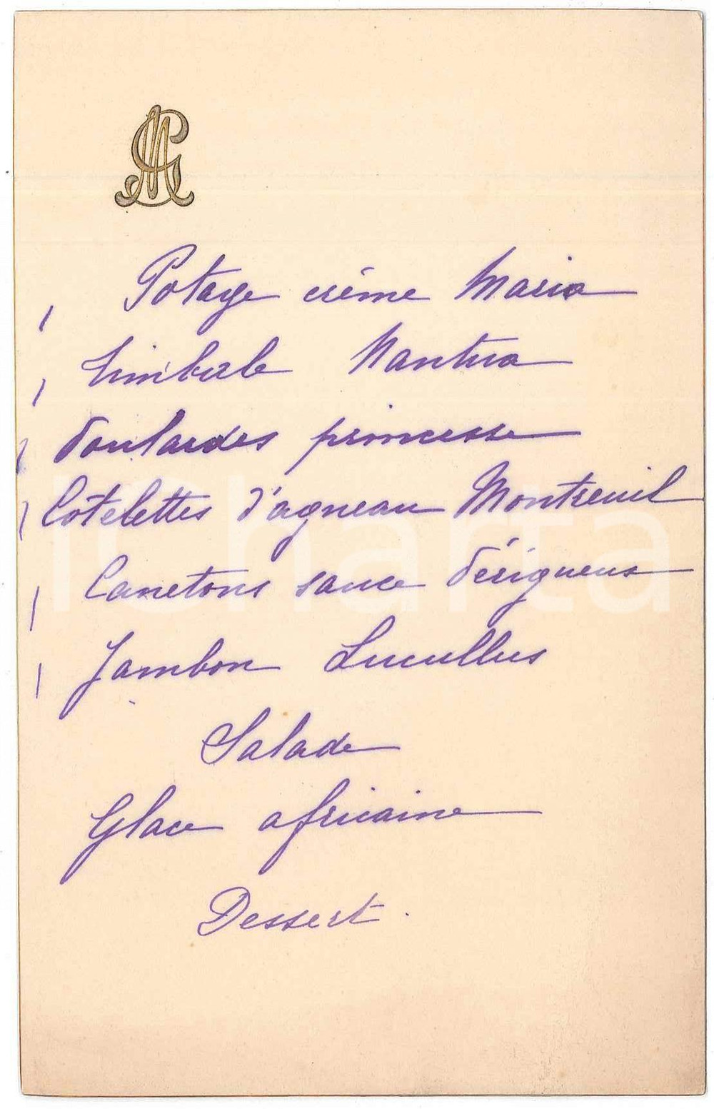 1903 FRANCE Menu pour dîner chez M. MARGET - 9x14 cm  Men&ugrave; originale d'epoca, scritto a mano, su cartoncino. GOOD/buono  Formato: 9x14 cm originale e autentica 1