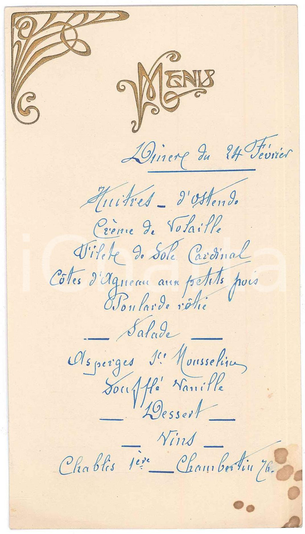 1900 ca FRANCE Menu LIBERTY - Dîner 24 Février - 9x16 cm  Men&ugrave; originale d'epoca, scritto a mano, su cartoncino con decorazioni Liberty a rilievo. POOR/danneggiato macchie;  piegatura angolare Formato: 9x16 cm originale e autentica 1