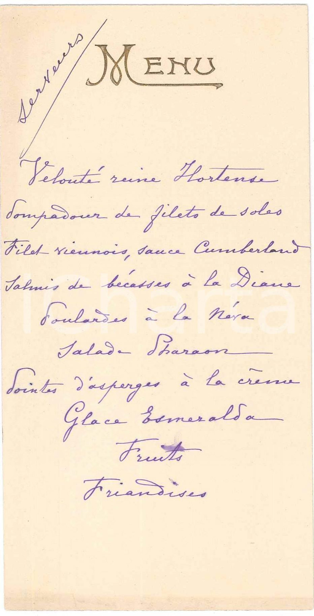 1900 ca FRANCE Menu pour dîner - Serveurs - 8x15 cm  Men&ugrave; originale d'epoca, scritto a mano, su cartoncino con dorature a rilievo. GOOD/buono  Formato: 7x16 cm originale e autentica 1
