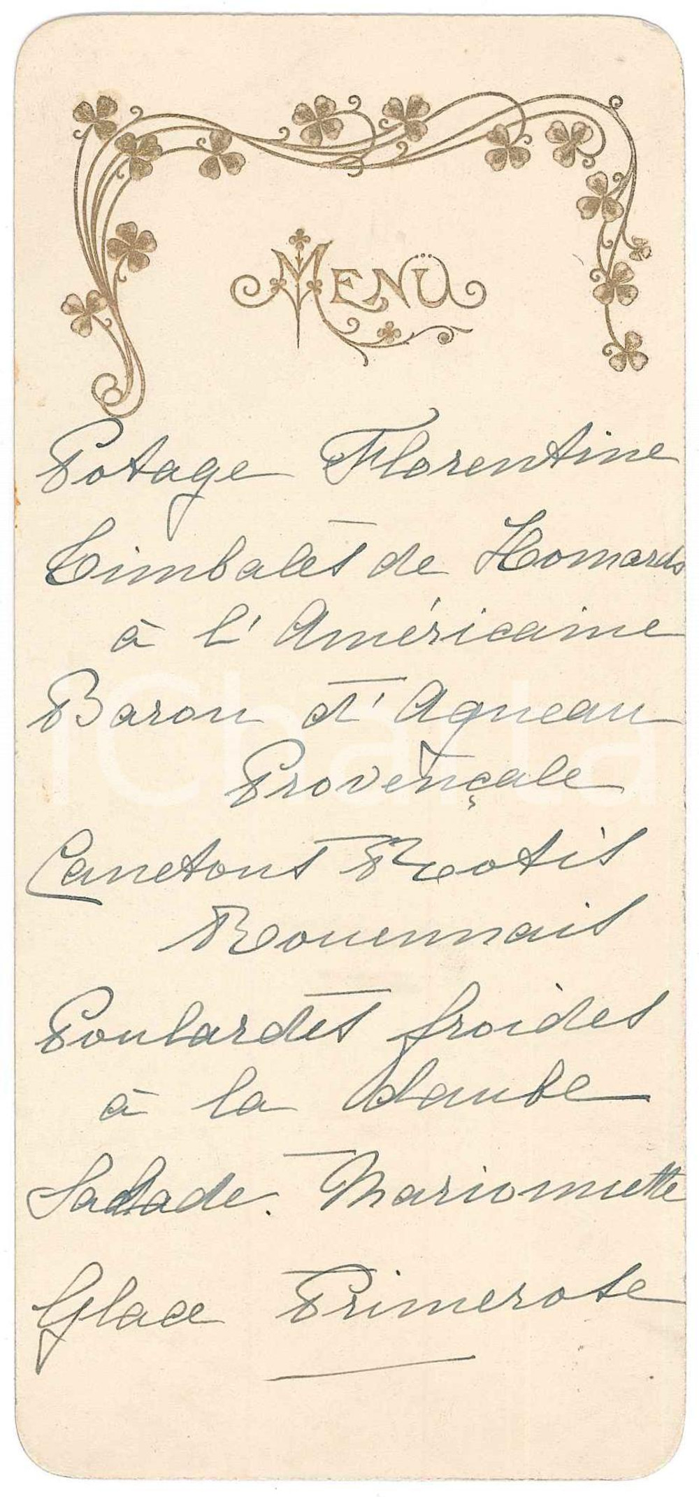 1900 ca FRANCE Menu pour dîner - 7x16 cm  Men&ugrave; originale d'epoca, scritto a mano, su cartoncino con dorature a rilievo. GOOD/buono  Formato: 7x16 cm originale e autentica 1