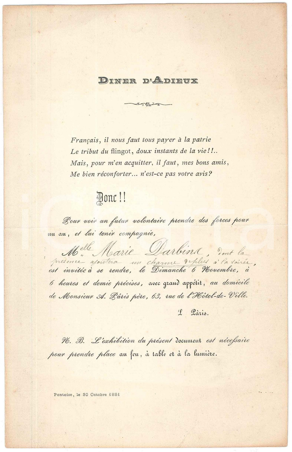 1881 PONTOISE (FRANCE) Menu Dîner d'adieux pour L. PARIS 13x20 cm  Men&ugrave; originale d'epoca, a stampa, con inserto manoscritto. POOR/danneggiato piegatura centrale d'epoca; lievi macchie Formato: 13x20 cm originale e autentica 1