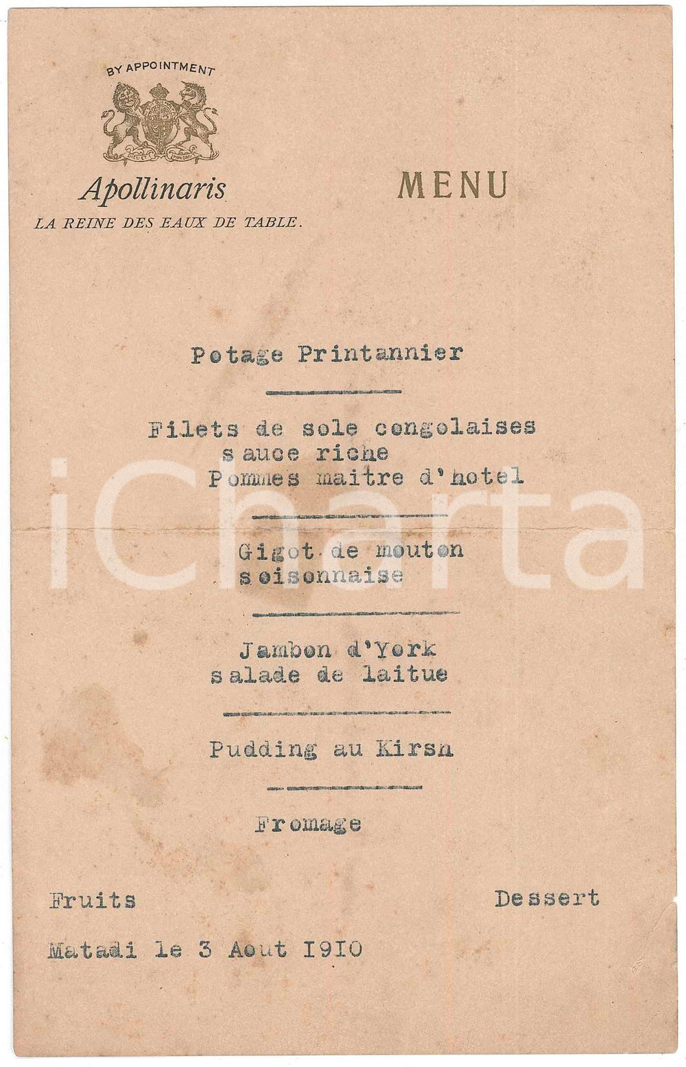 1910 FRANCE Menu dîner - Publicitaire APOLLINARIS Eaux de table 11x18 cm  Men&ugrave; originale d'epoca, pubblicitario, con firme al verso. POOR/danneggiato piegatura centrale d'epoca; macchie; strappo laterale Formato: 11x18 cm originale e autentica 1