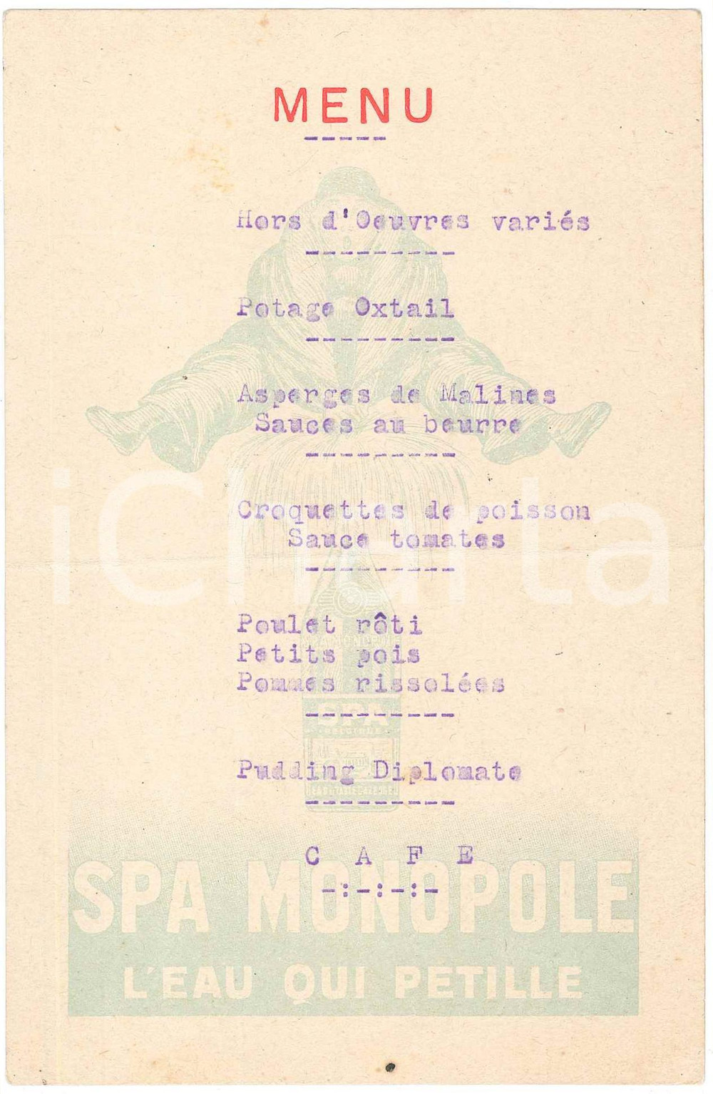 1930 FRANCE Menu dîner - Publicitaire SPA MONOPOLE 10x16 cm  Men&ugrave; originale d'epoca, pubblicitario, con firme al verso. POOR/danneggiato piegatura centrale d'epoca; abrasione al verso Formato: 10x16 cm originale e autentica 1