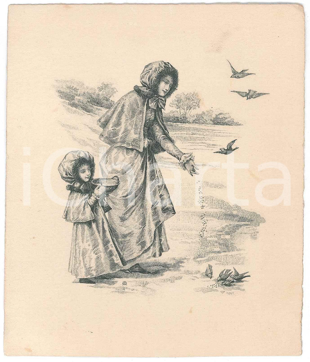 1910 ca FRANCE Menu ILLUSTRE' - Femme nourrit les oiseaux 11x13 cm  Men&ugrave; originale, illustrato, a stampa. POOR/danneggiato piegatura laterale Formato: 11x13 cm originale e autentica 1