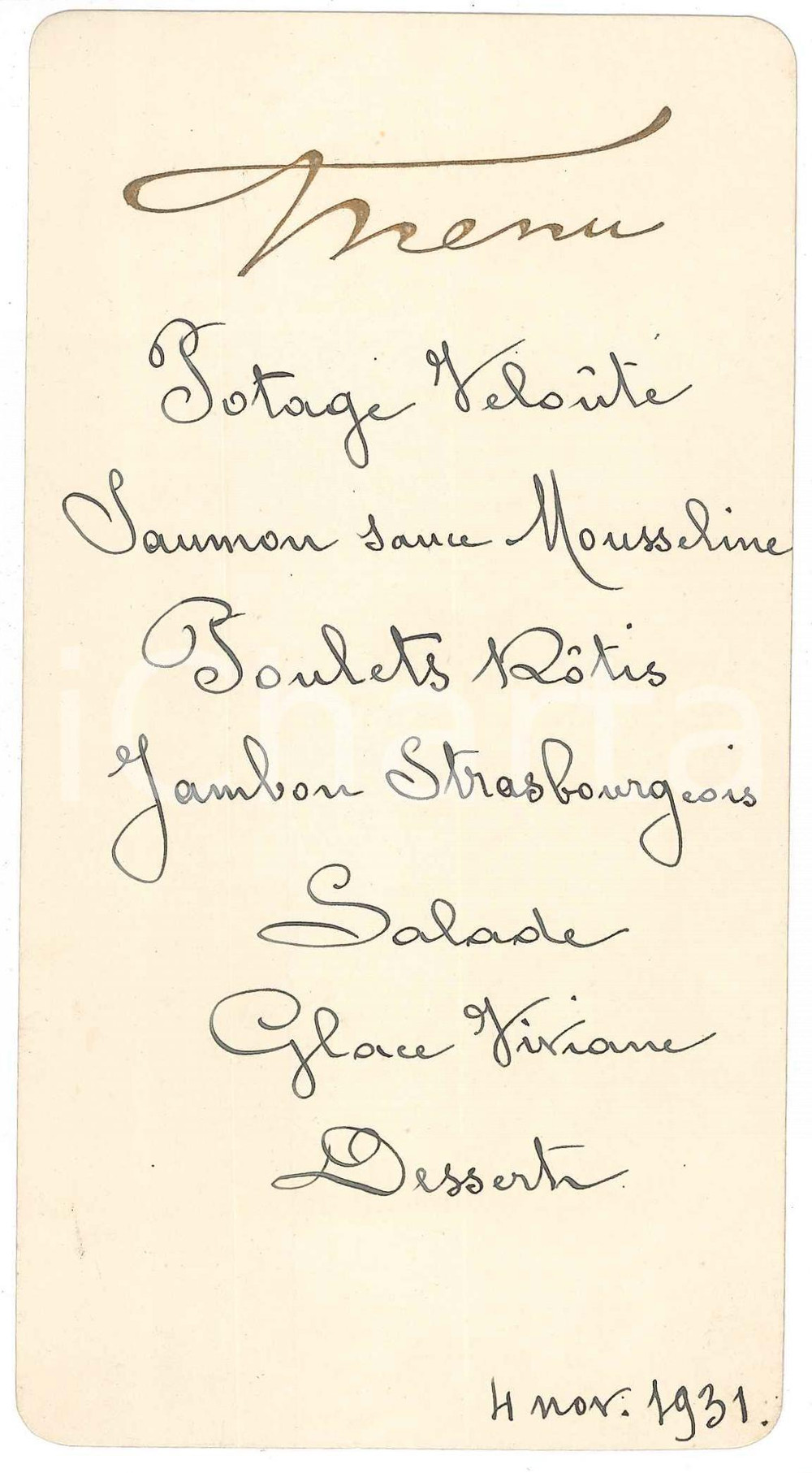 1931 FRANCE Menu pour dîner de fiançailles - 9x17 cm  Men&ugrave; originale d'epoca, scritto a mano su entrambi i lati, su cartoncino con scritta dorata a rilievo. GOOD/buono  Formato: 9x17 cm originale e autentica 1