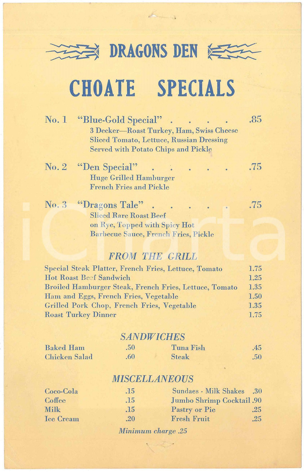 Oggetto da collezione cartaceo 1970 ca Restaurant DRAGONS DEN  Choate Specials  Menu 14x22 cm 1