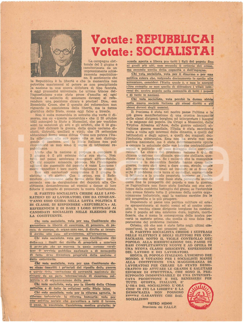 1946 Referendum 2 Giugno - PROPAGANDA PSI - Votate REPUBBLICA! *Volantino  Volantino originale d'epoca. POOR/danneggiato piegatura centrale d'epoca; strappi al lato inferiore; piegatura angolare Formato: 22x28 cm originale e autentica 1