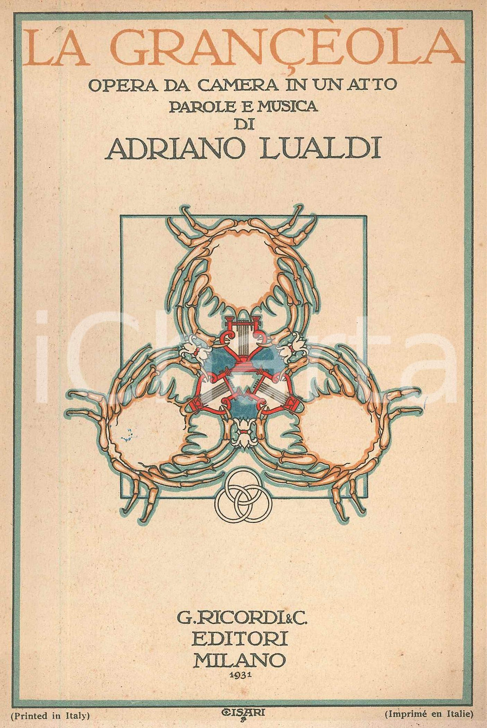 1931 Adriano LUALDI La GranÃ§Ã¨ola - Opera da camera - Ed. RICORDI Libretto d'opera, originale d'epoca, con timbro a secco all'interno.Opera da camera in un atto.EDITORE: G. Ricordi &amp; C. - MilanoPAGINE: 31 FAIR/discreto lievi gualciture angolari, piegature e piccole macchie in copertina Formato: 13x20 cm originale e autentica 1