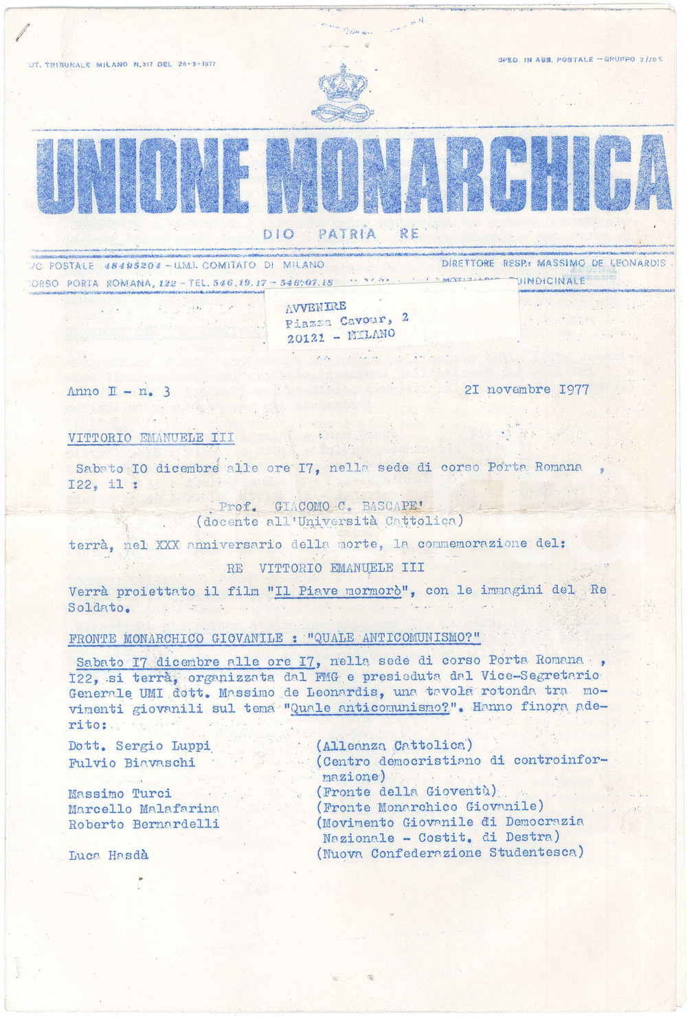 Giornale, rivista storica 1977 UNIONE MONARCHICA  BascapÃ¨ commemora Vittorio Emanuele III Ciclostilato 1